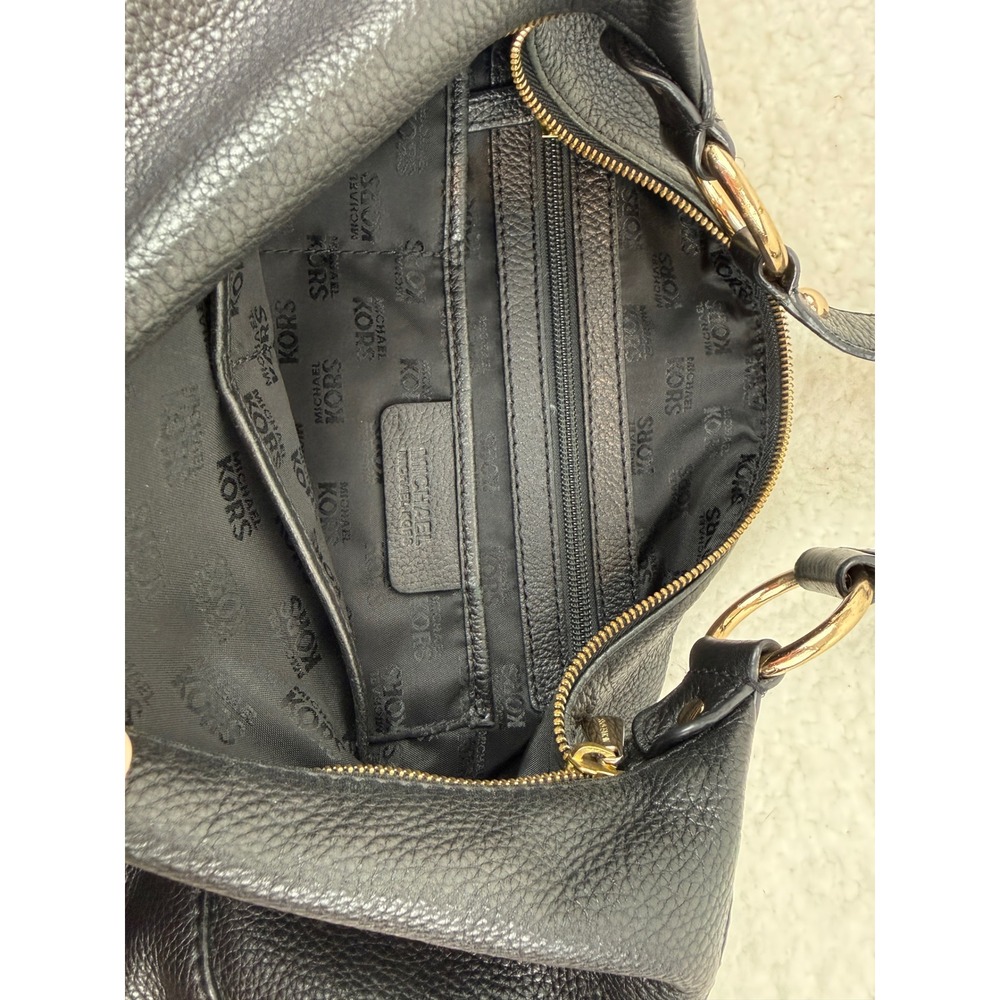 Michael Kors Fulton Hobo Bag Black Pebbled Leather Gold MK Logo Shoulder Bag - Picture 9 of 14